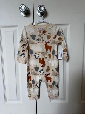 Old Navy Beige Woodland Animal Long-Sleeve One-Piece